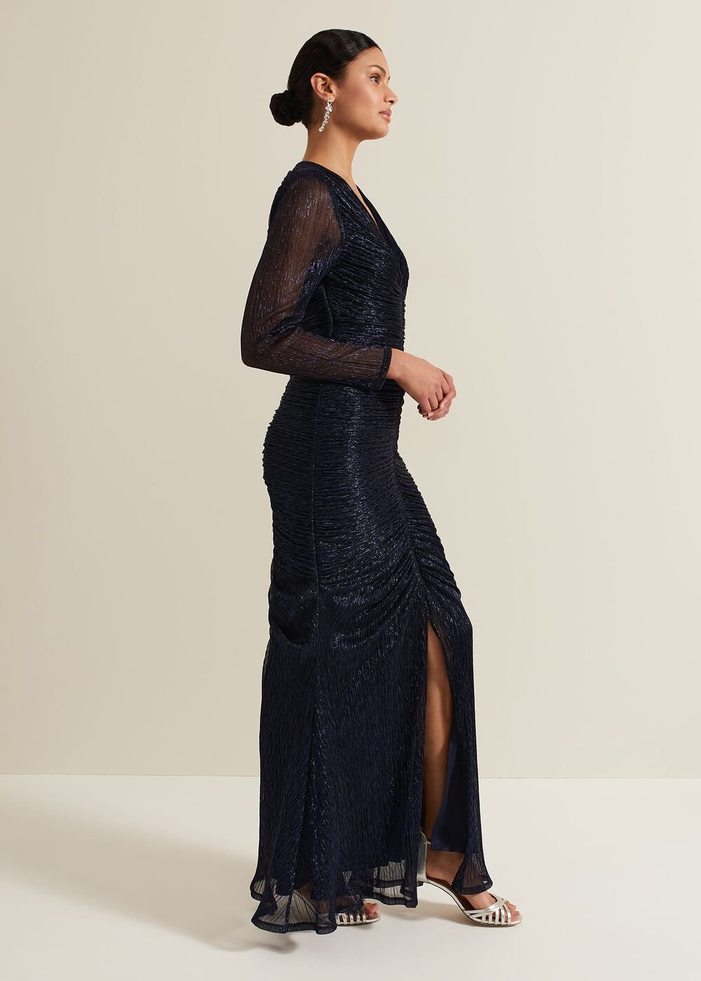 Shannia Ruched Shimmer Maxi Dress Blue