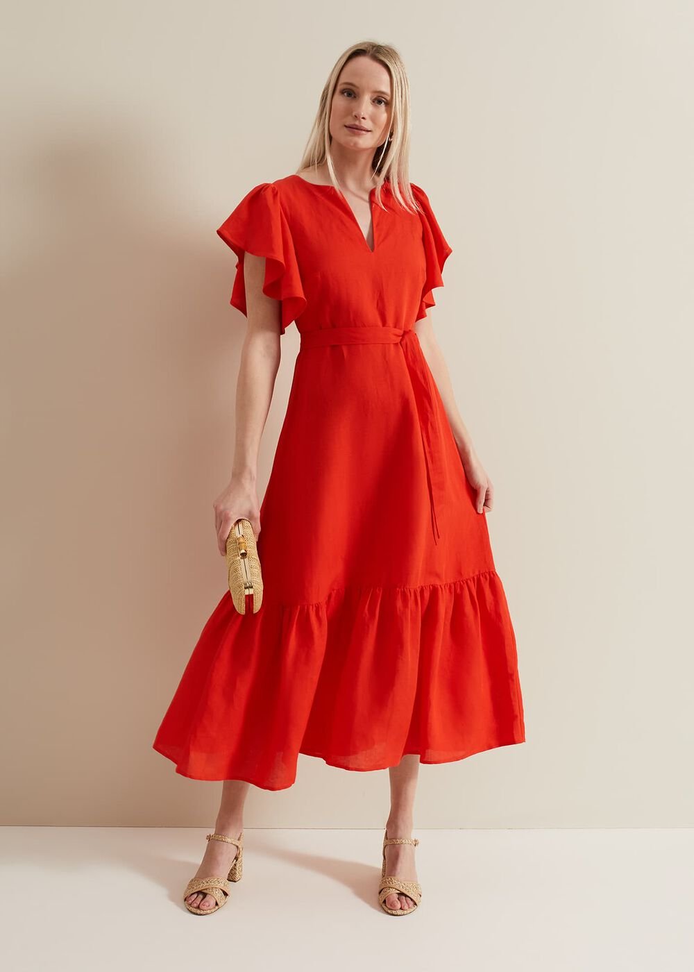 Morgan Red Linen Midi Dress Red