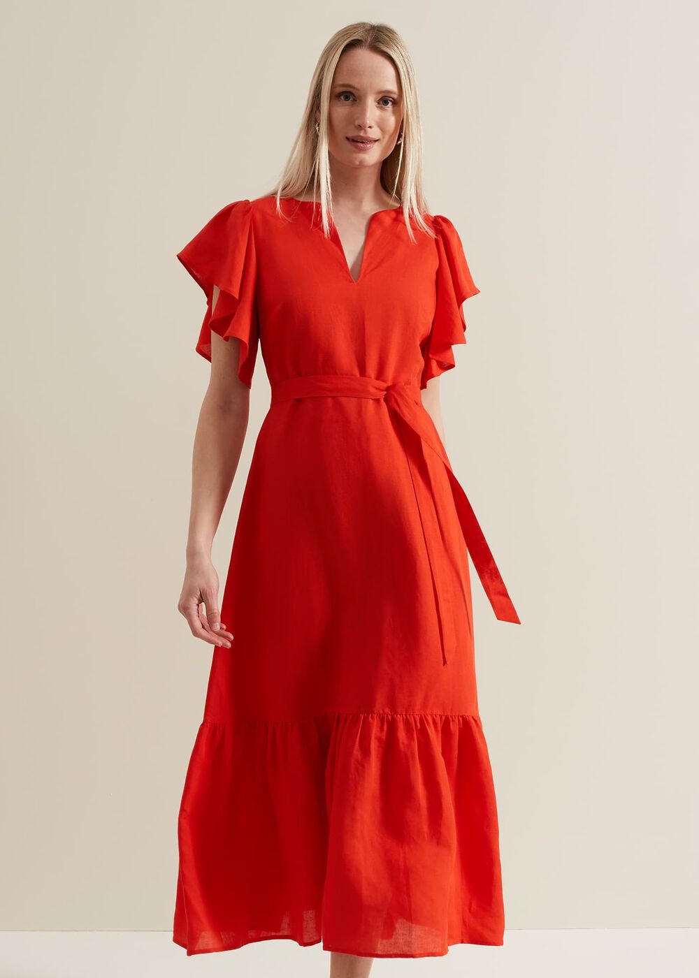 Morgan Red Linen Midi Dress Red