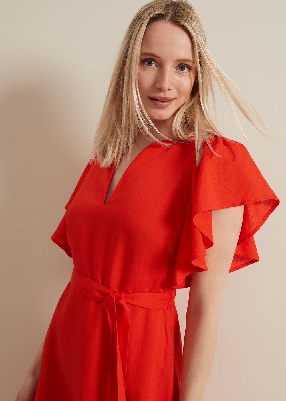 Morgan Red Linen Midi Dress Red