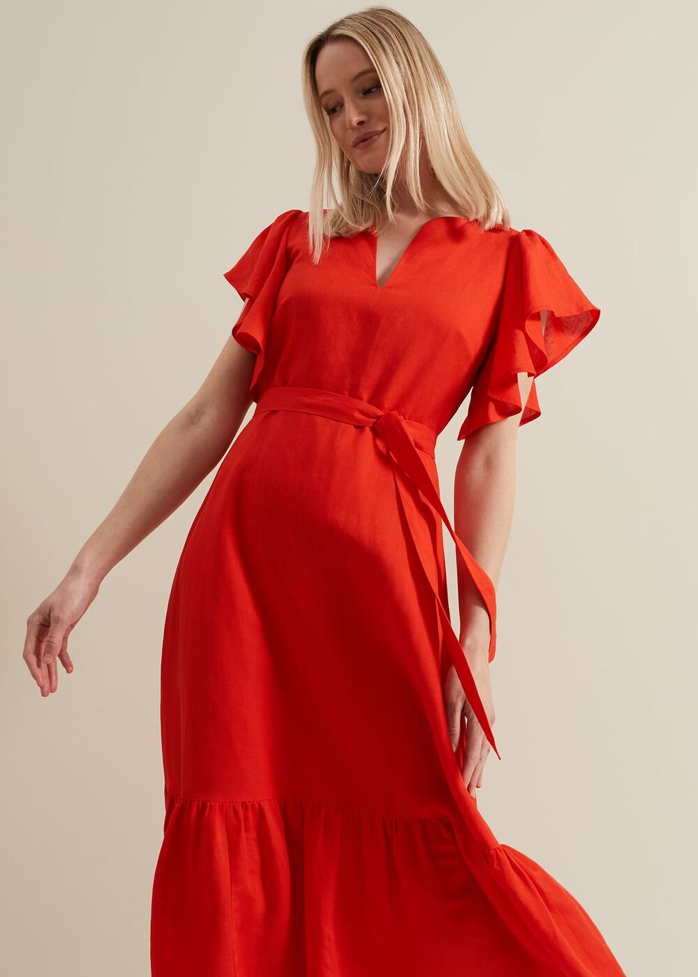 Morgan Red Linen Midi Dress Red