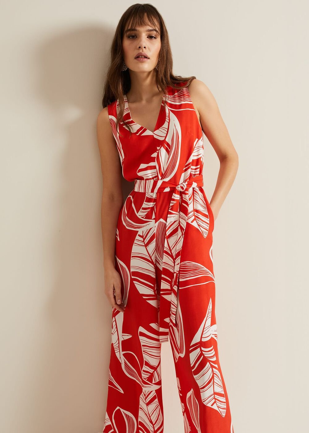 Suzie Leaf Print Jumpsuit Red