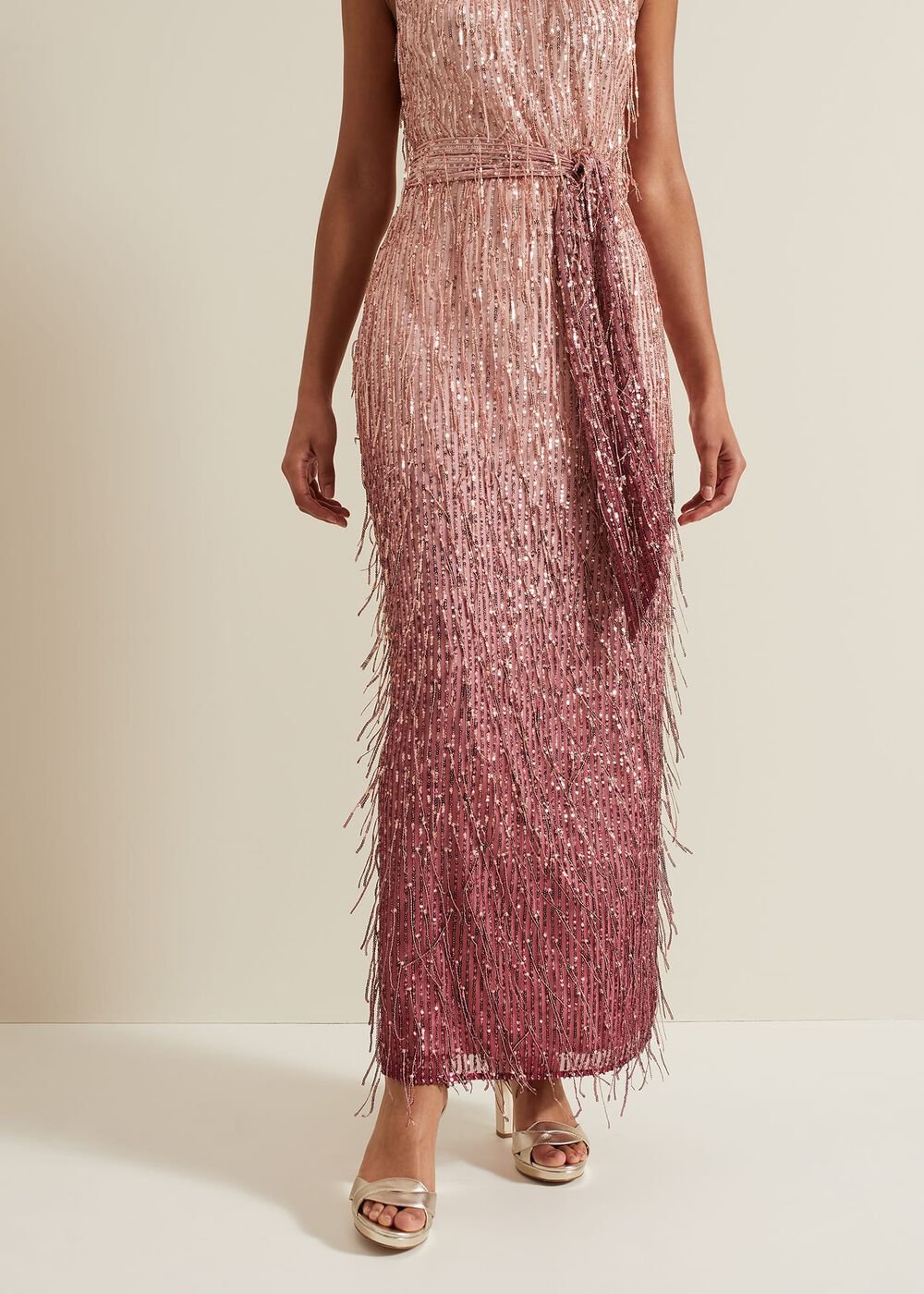 Becka Fringe Sequin Maxi Dress Pink