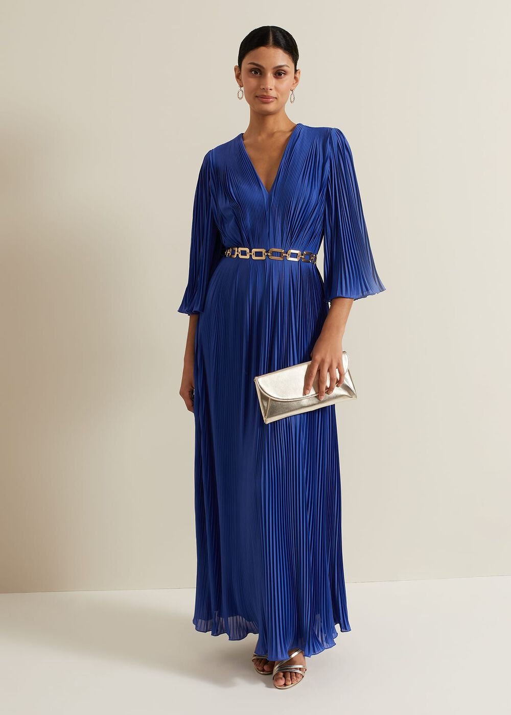 Venetia Pleat Beaded Maxi Dress Blue