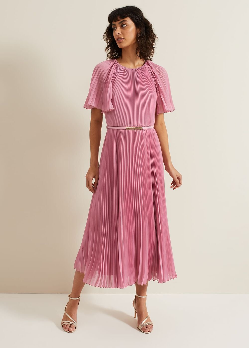 Kathleen Pleated Plain Midi Dres Pink