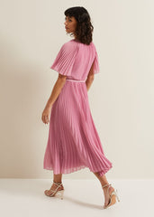 Kathleen Pleated Plain Midi Dres Pink
