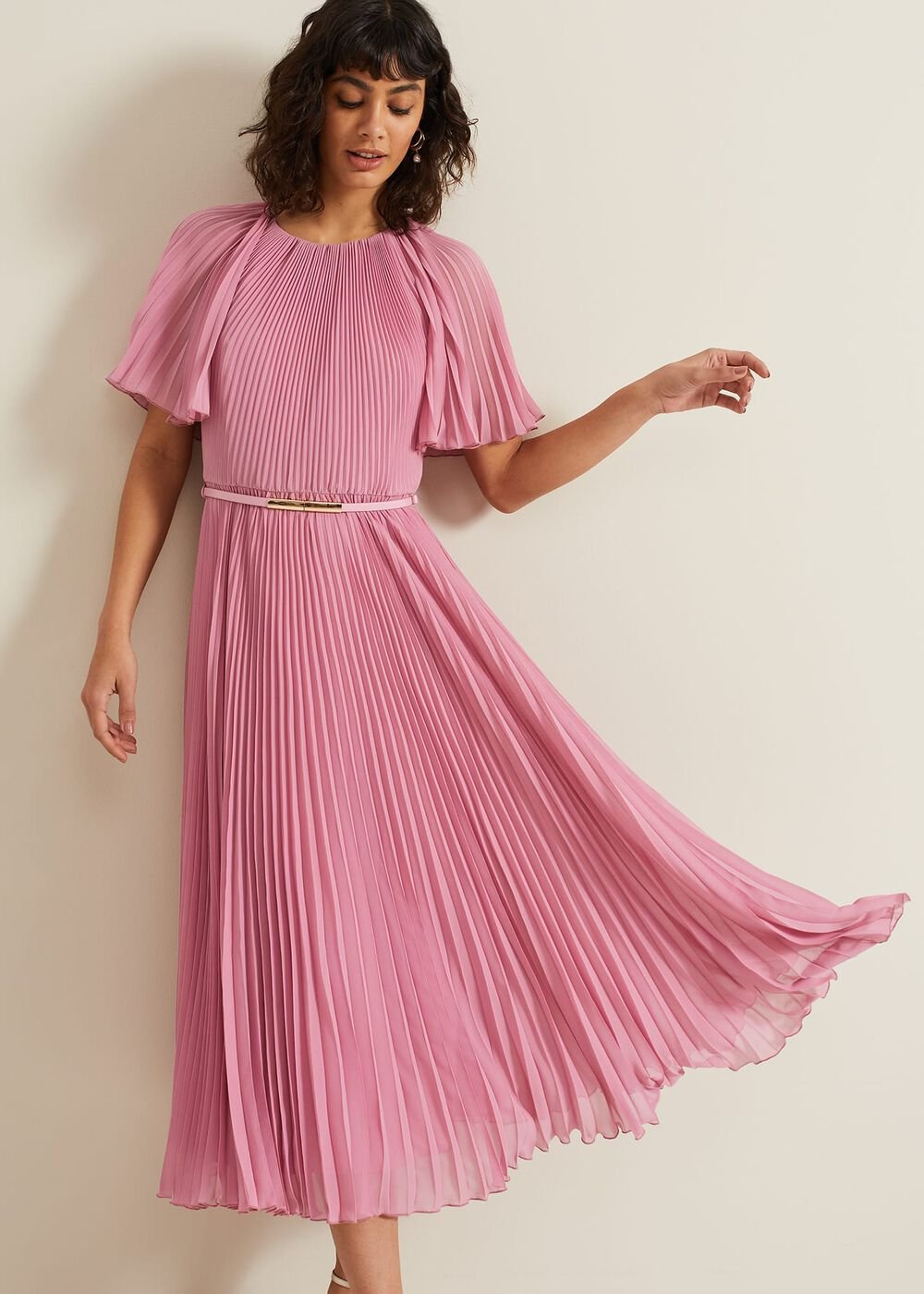Kathleen Pleated Plain Midi Dres Pink