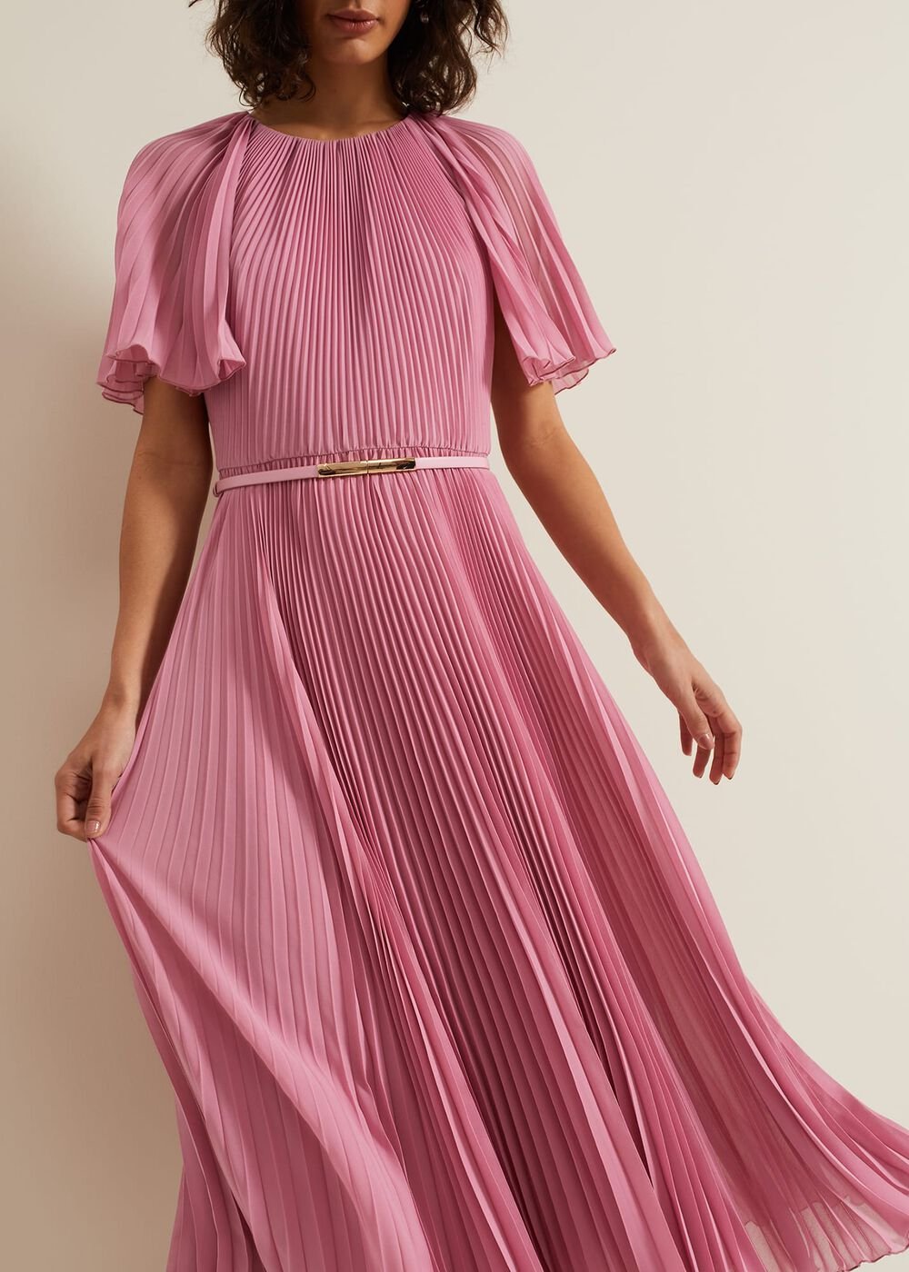 Kathleen Pleated Plain Midi Dres Pink