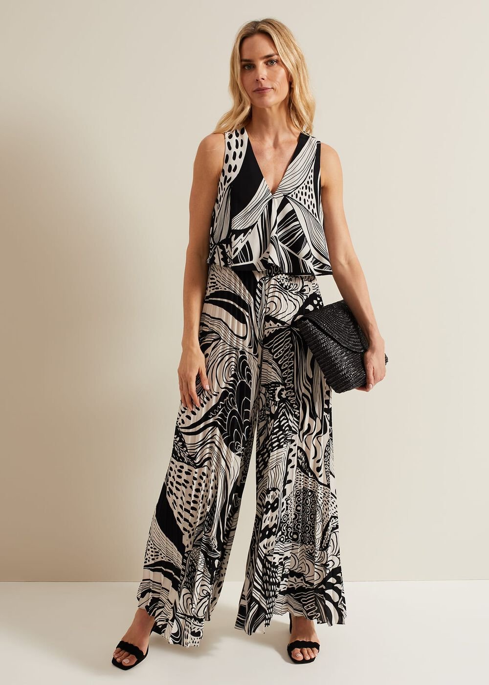 Saskia Abstract Pleated Jumpsuit Black Multi