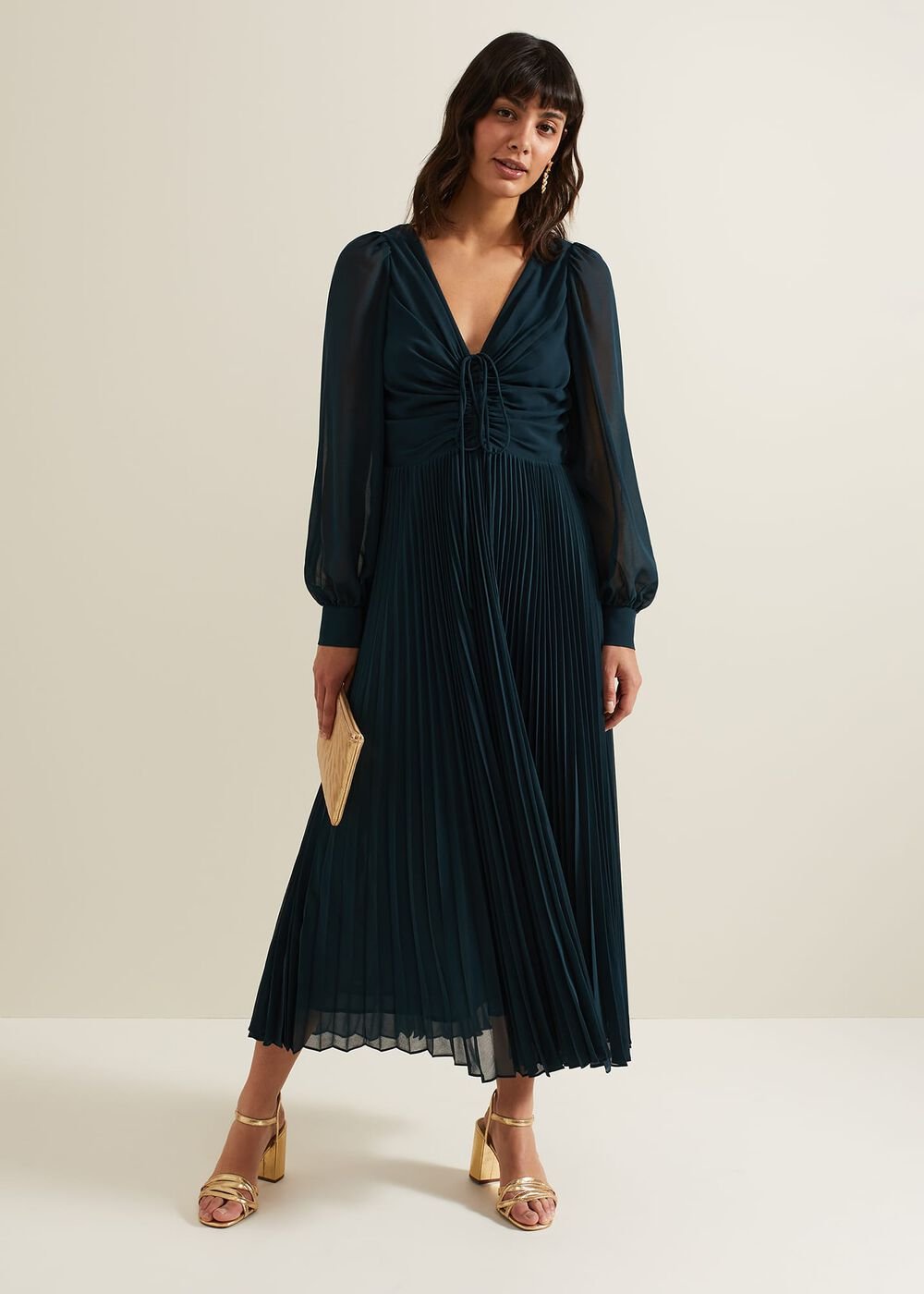 Kindra Teal Chiffon Pleated Midi Dress Teal