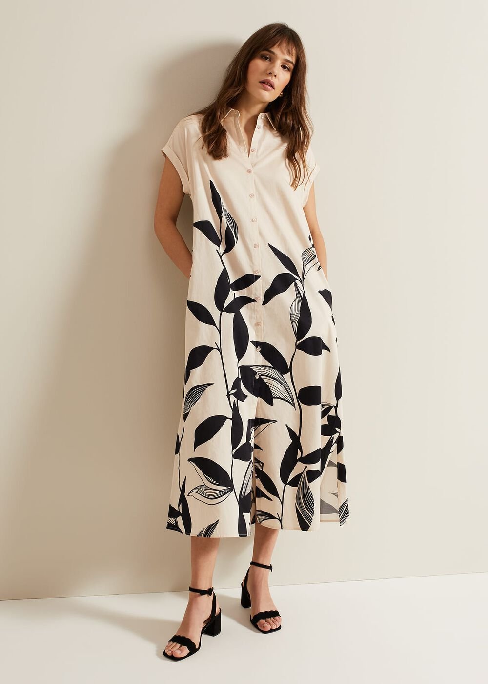 Felicity Leaf Print Midi Dress Black/Multi