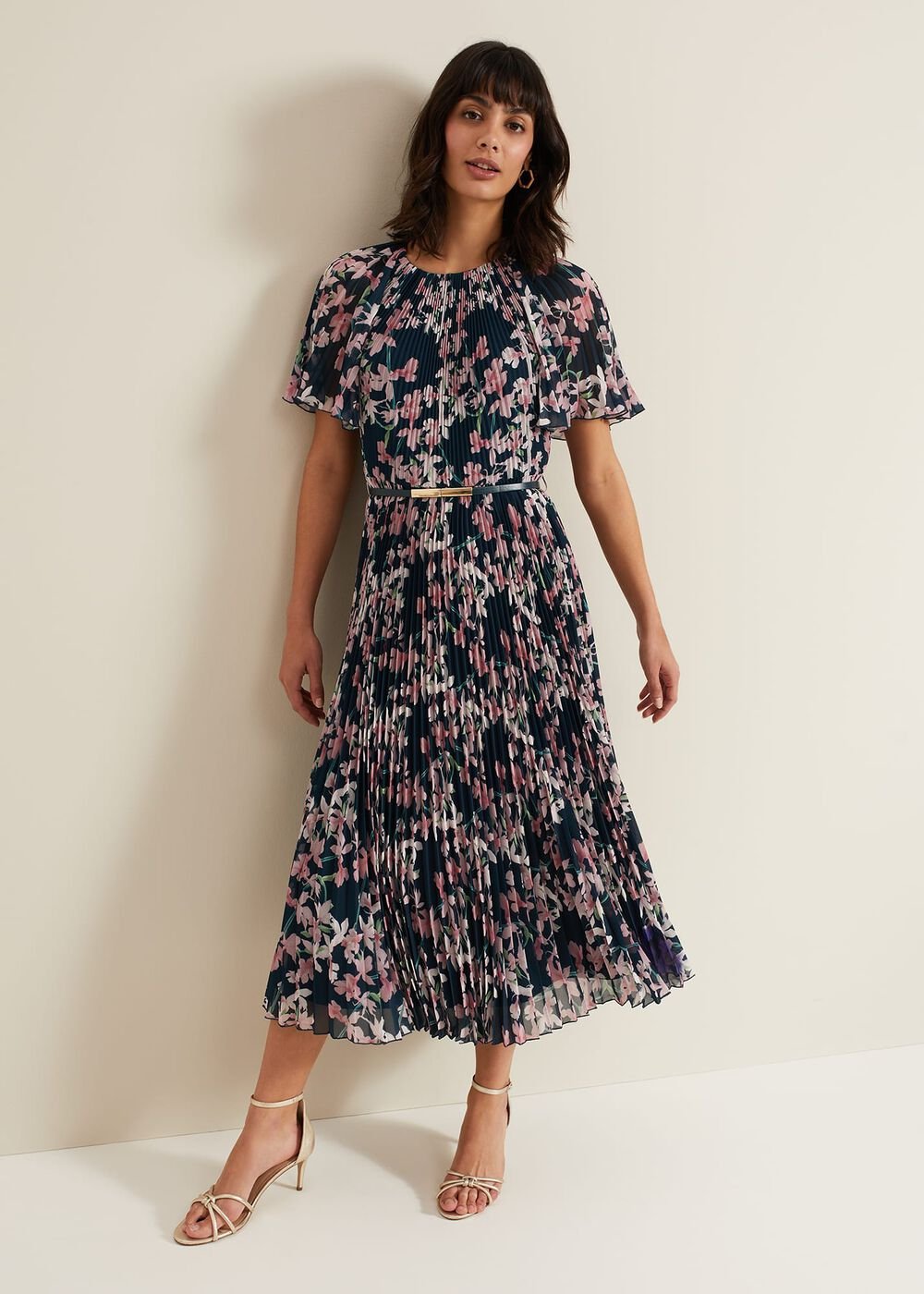 Kathleen Floral Pleated Midi Dress Multi-Coloured