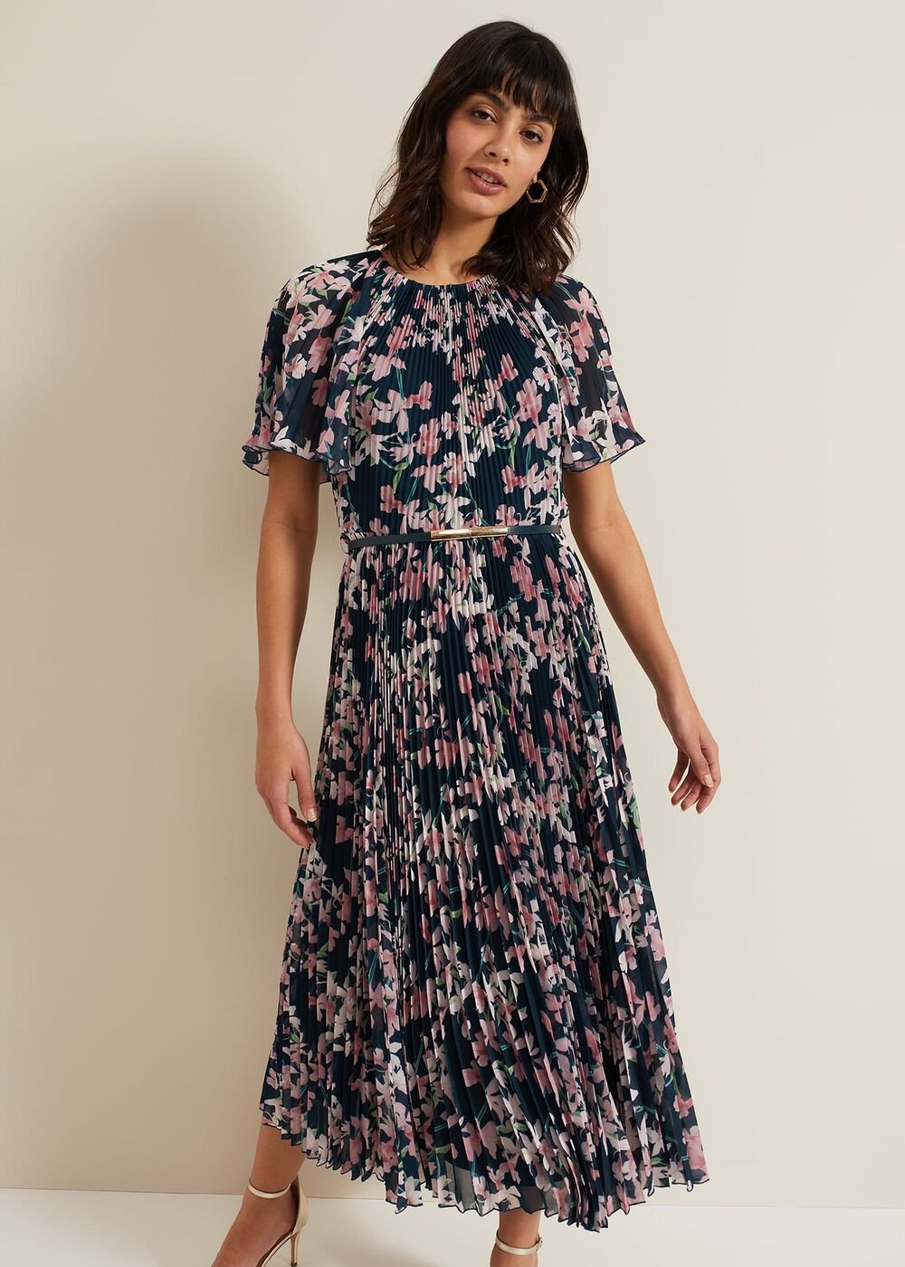 Kathleen Floral Pleated Midi Dress Multi-Coloured