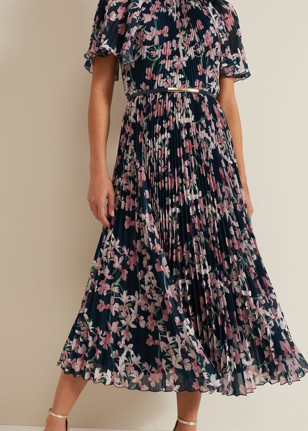 Kathleen Floral Pleated Midi Dress Multi-Coloured