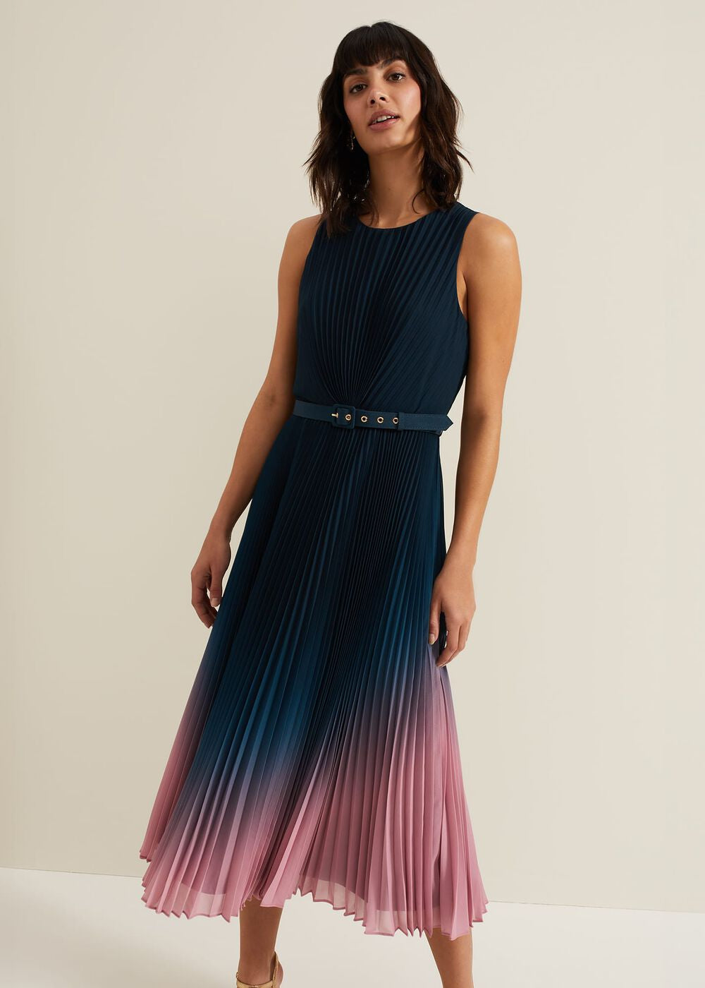 Simara Ombre Chiffon Midi Pleat Dress Multi-Coloured