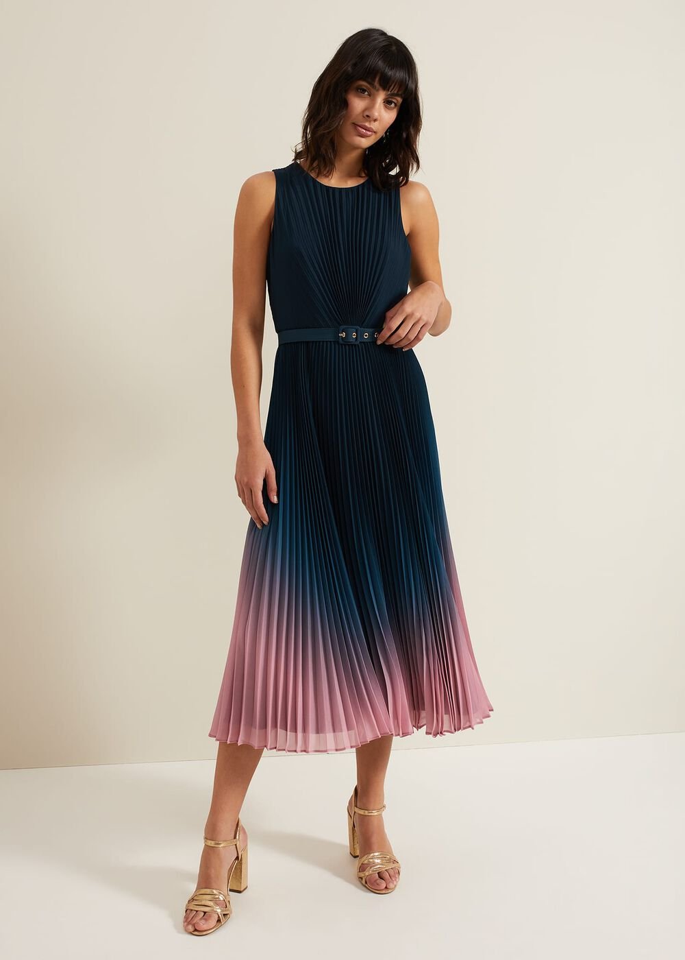 Simara Ombre Chiffon Midi Pleat Dress Multi-Coloured