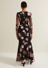 Genny Floral Print Embroidered Maxi Dres Multi-Coloured