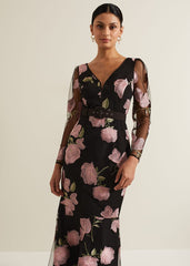 Genny Floral Print Embroidered Maxi Dres Multi-Coloured