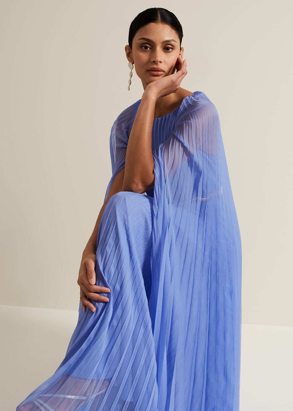 Marren Blue Chiffon Pleated Maxi Dress Blue
