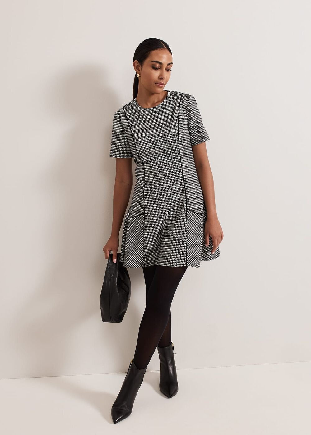 Petite Viola Houndstooth Mini Dress Black Multi