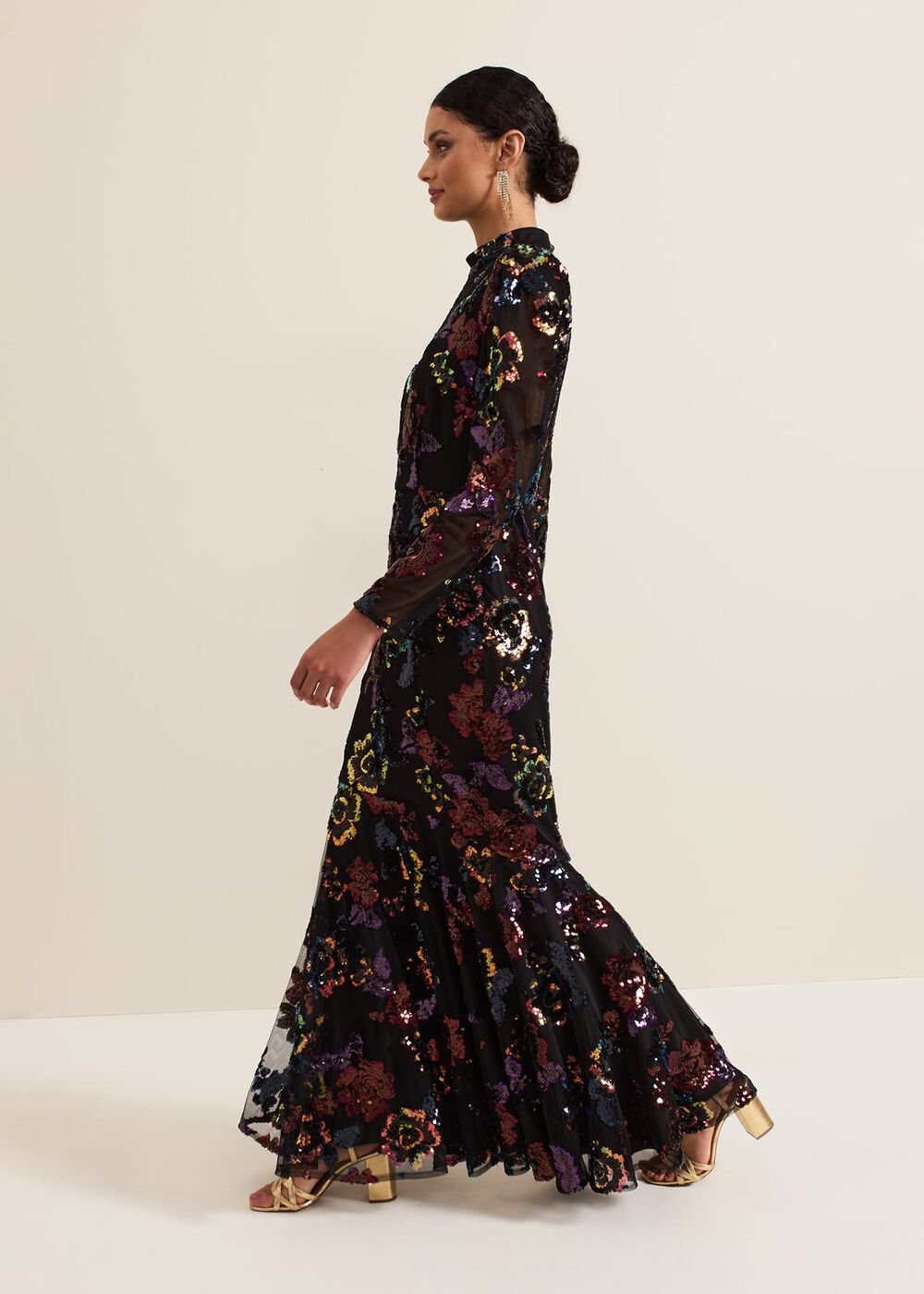 Lelo Sequin Long Sleeved Maxi Dress Black/Multi