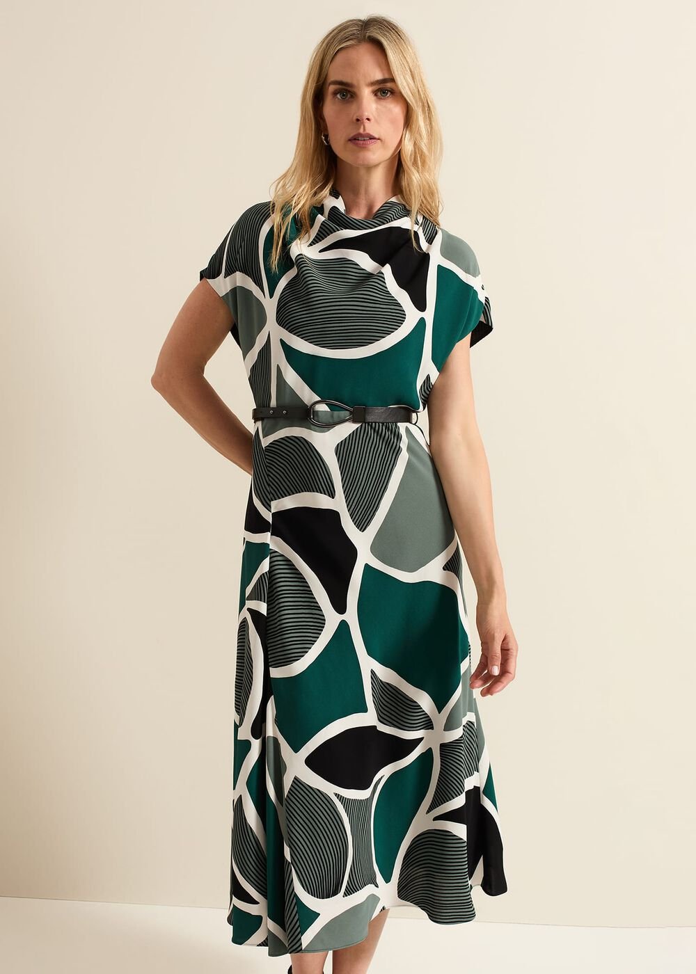 Zaynab Green Swirl Cowl Neck Midi Dress Green