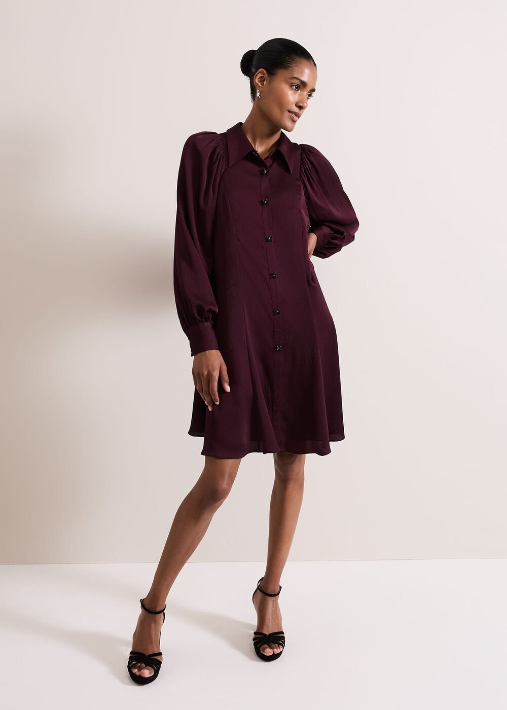 Tila Burgundy Embellished Shirt Dress Burgundy