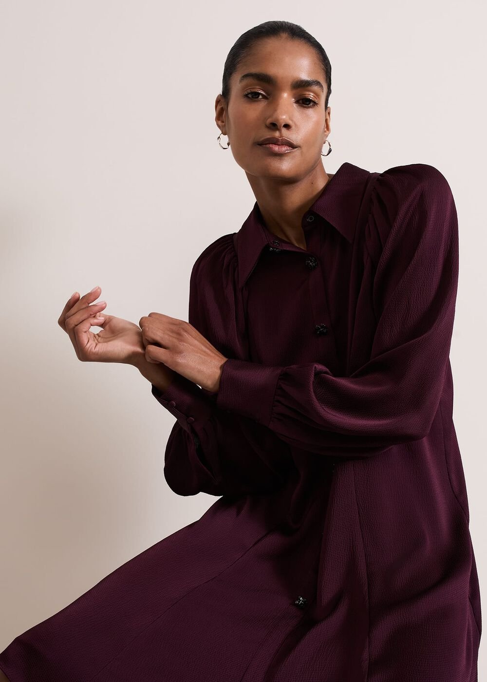 Tila Burgundy Embellished Shirt Dress Burgundy