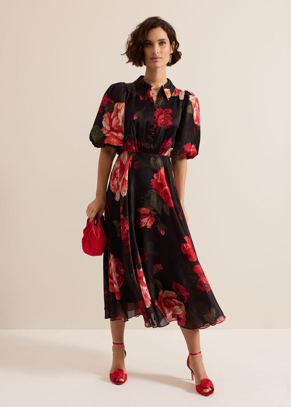 Cilla Floral Shirt Midi Dress Black/Multi