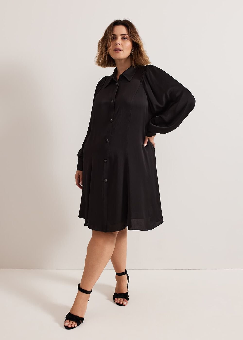 Tila Black Satin Embellished Shirt Dress Black