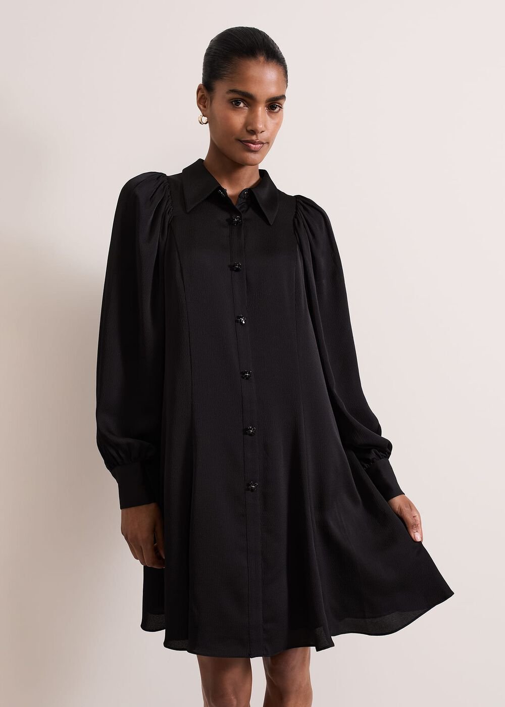 Tila Black Satin Embellished Shirt Dress Black