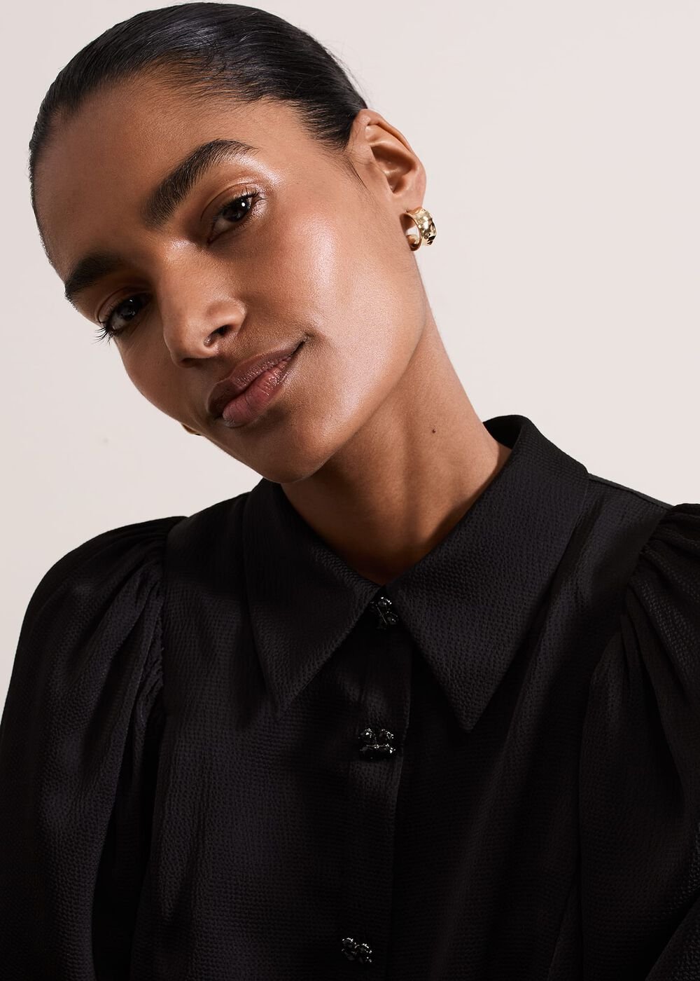 Tila Black Satin Embellished Shirt Dress Black