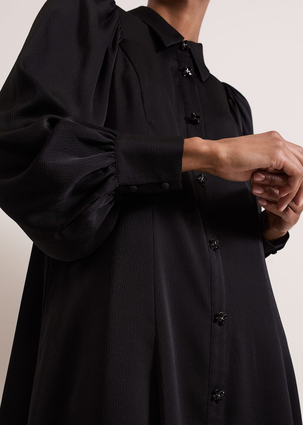 Tila Black Satin Embellished Shirt Dress Black