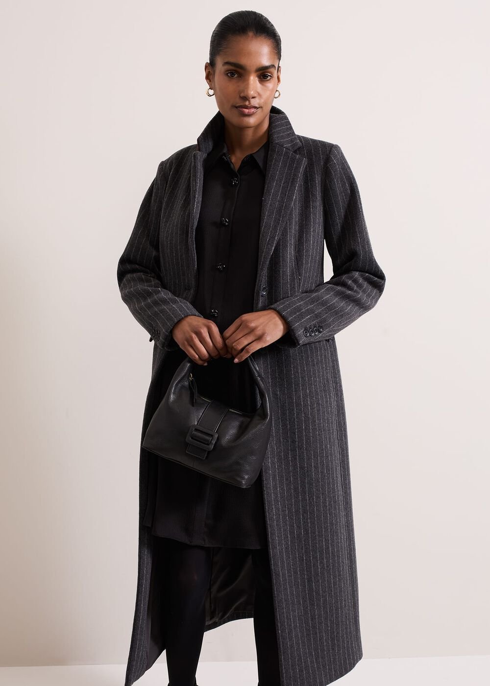 Tila Black Satin Embellished Shirt Dress Black