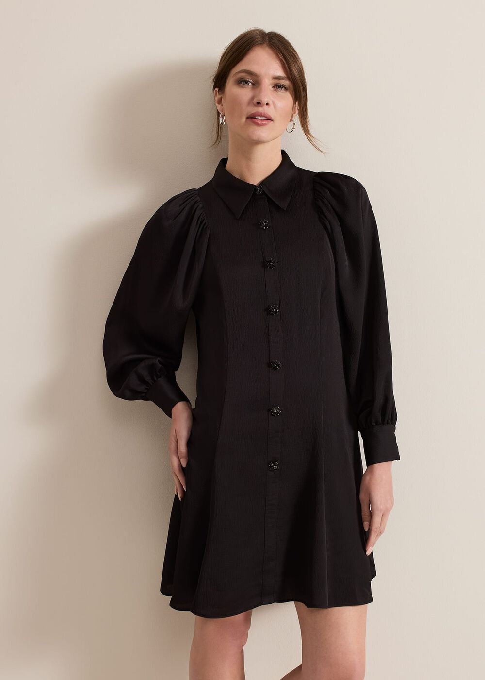 Petite Tila Black Satin Shirt Dress Black
