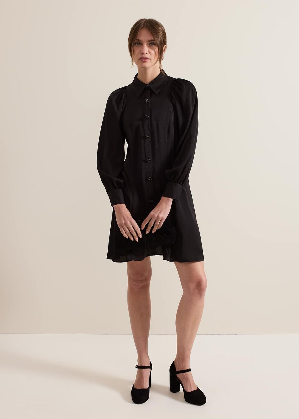 Petite Tila Black Satin Shirt Dress Black