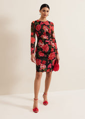 Roshni Mesh Floral Midi Dress Black/Multi