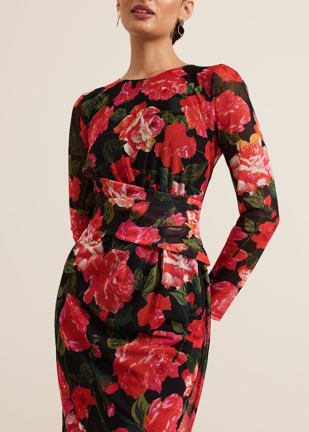 Roshni Mesh Floral Midi Dress Black/Multi