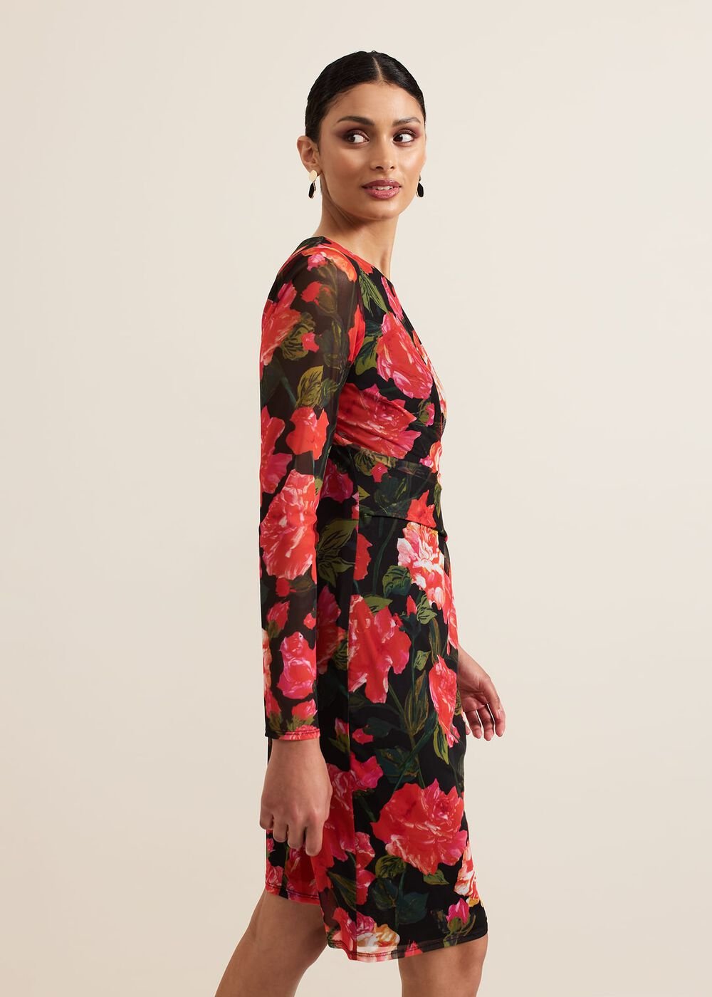 Roshni Mesh Floral Midi Dress Black/Multi