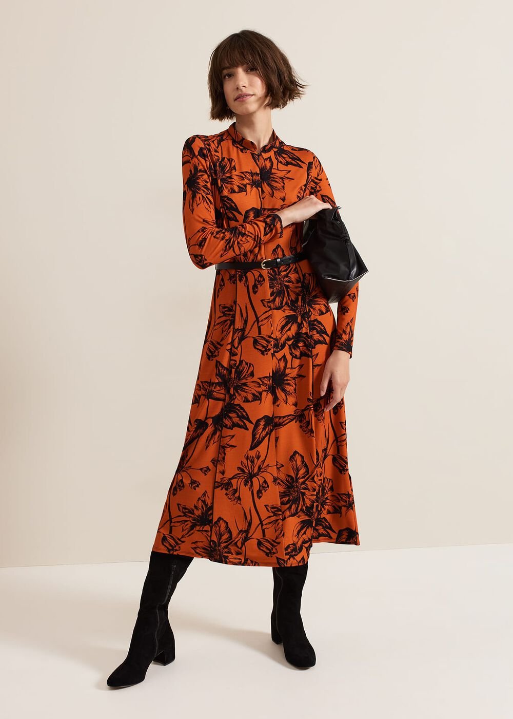 Krissy Floral Piped Midi Dress Tan
