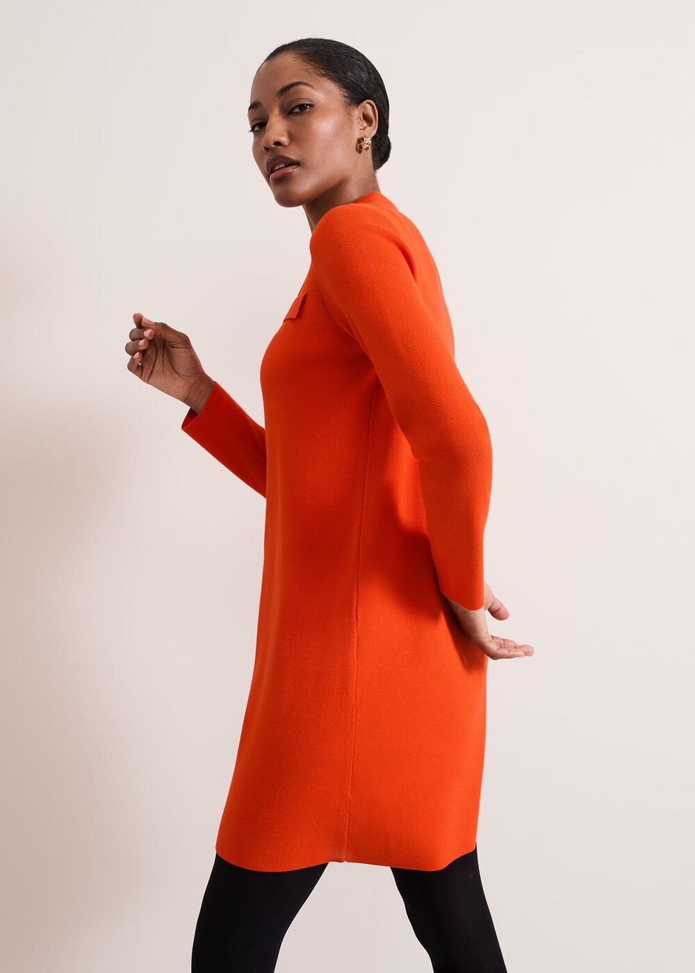 Azealia Fine Knit Collared Tunic Dress Orange