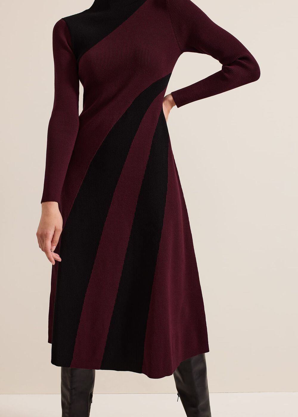 Julie Ribbed Fit And Flare Midi Dress Burgundy