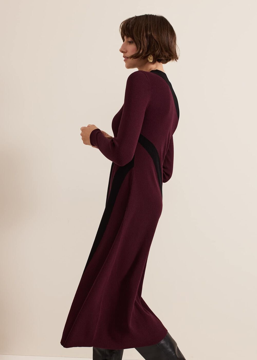 Julie Ribbed Fit And Flare Midi Dress Burgundy