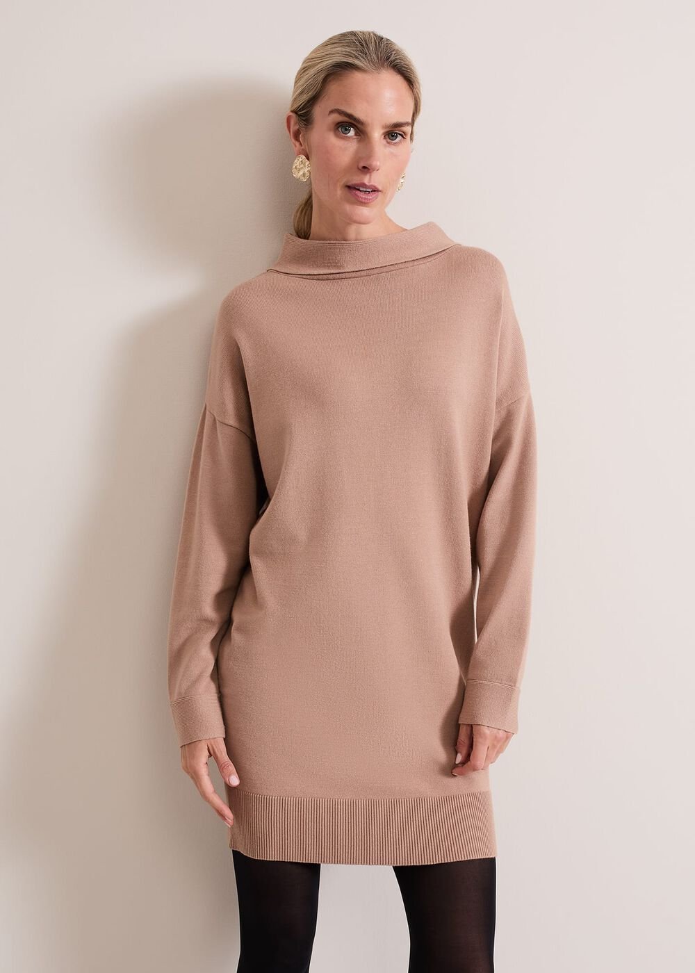 Skylar Funnel Neck Jumper Dress Camel