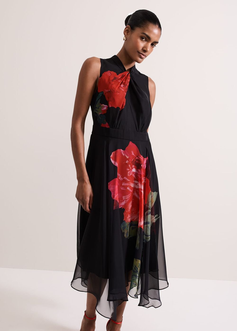 Lucia Chiffon Floral Midi Dress Black/Multi