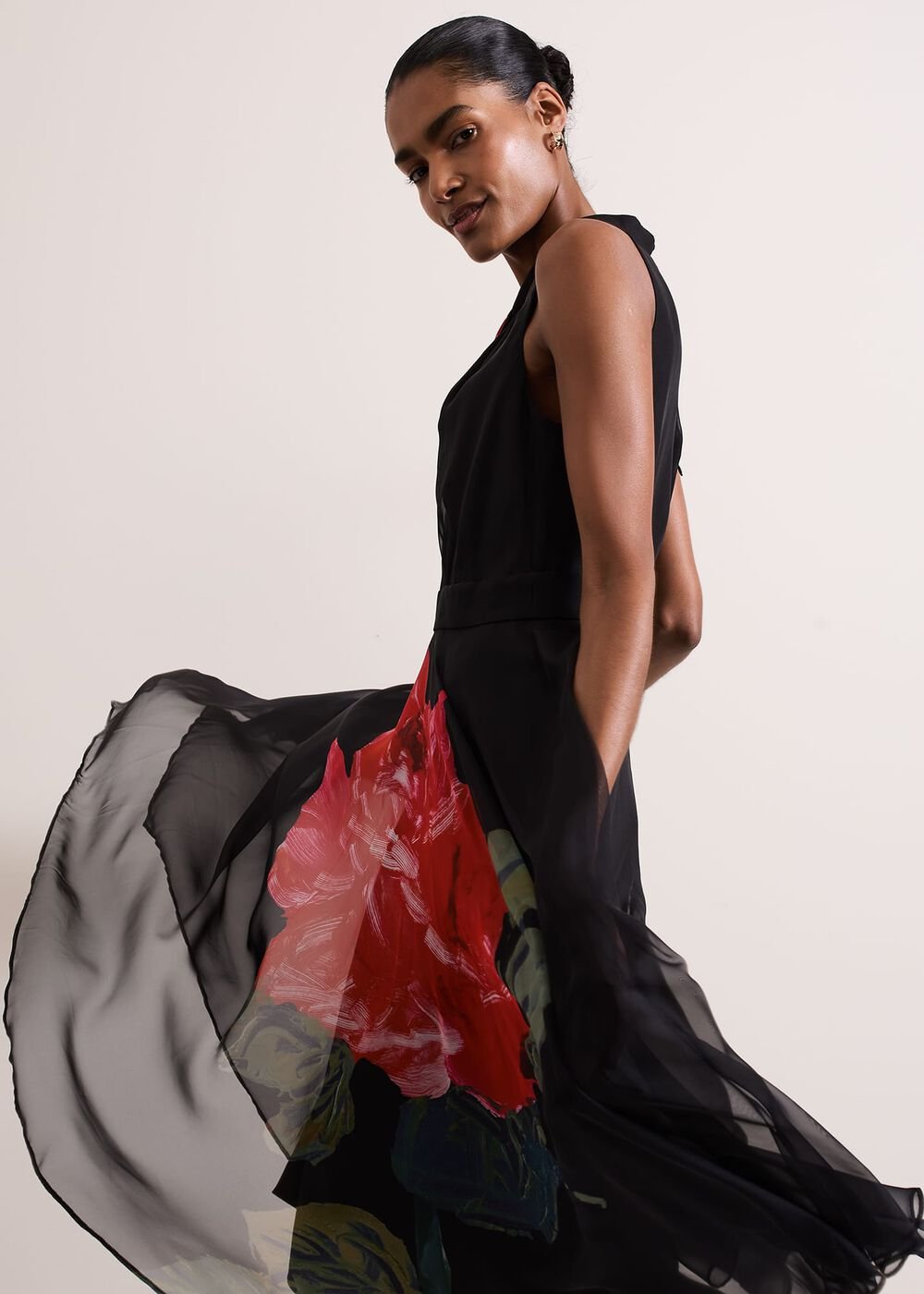 Lucia Chiffon Floral Midi Dress Black/Multi