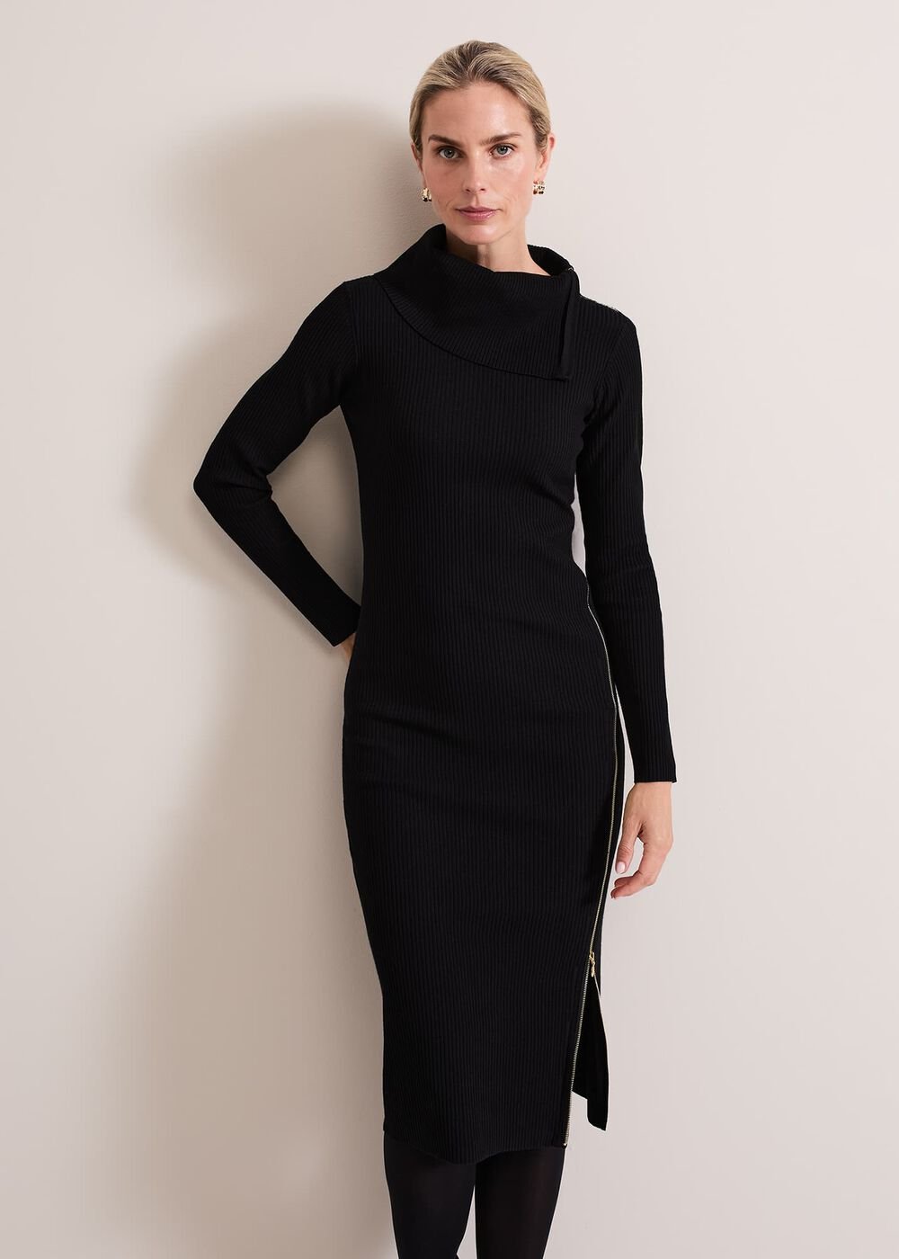Hartley Zip Ribbed Column Dress Black