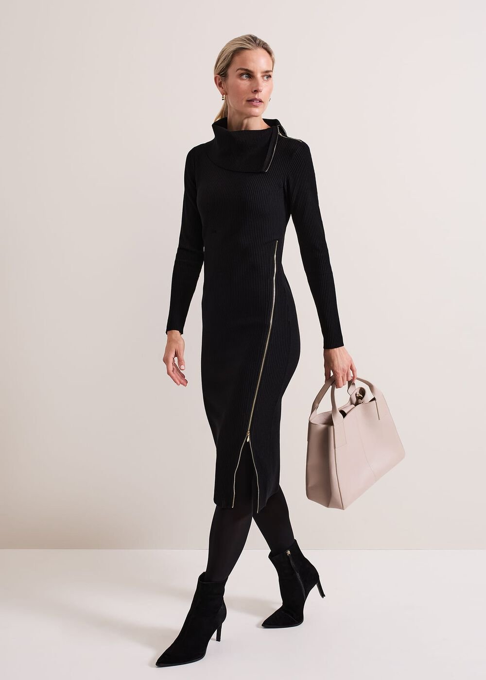 Hartley Zip Ribbed Column Dress Black