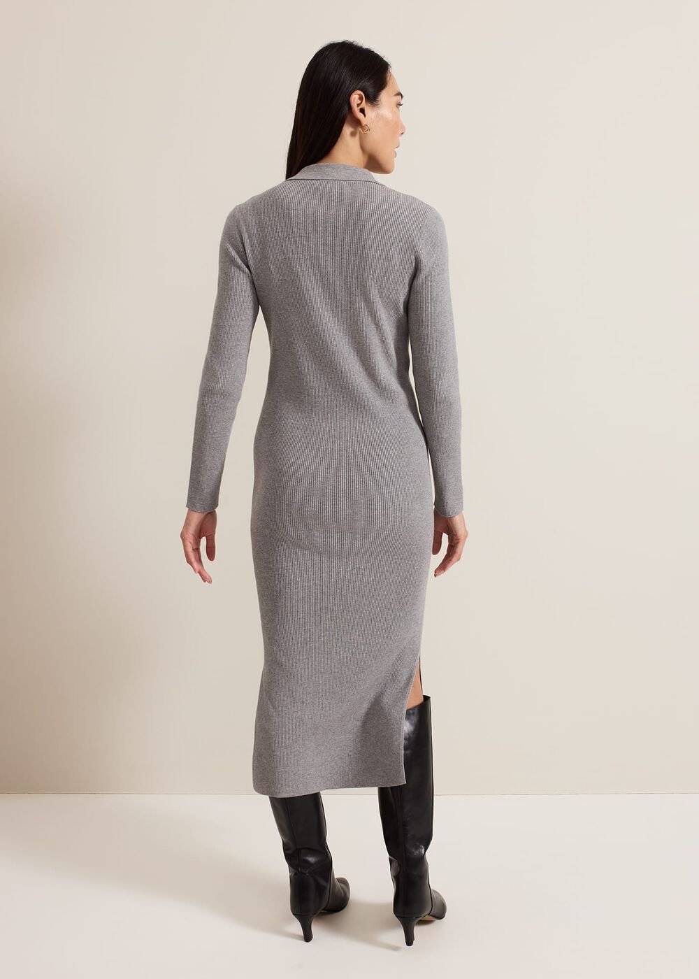 Lucy Collared Popper Column Midi Dress Grey