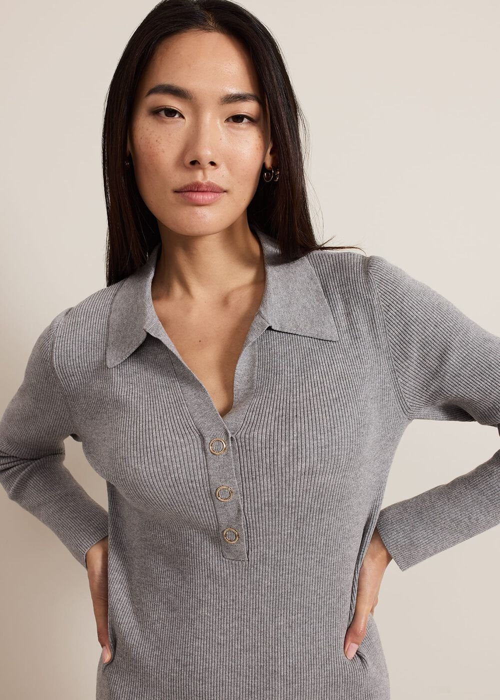Lucy Collared Popper Column Midi Dress Grey